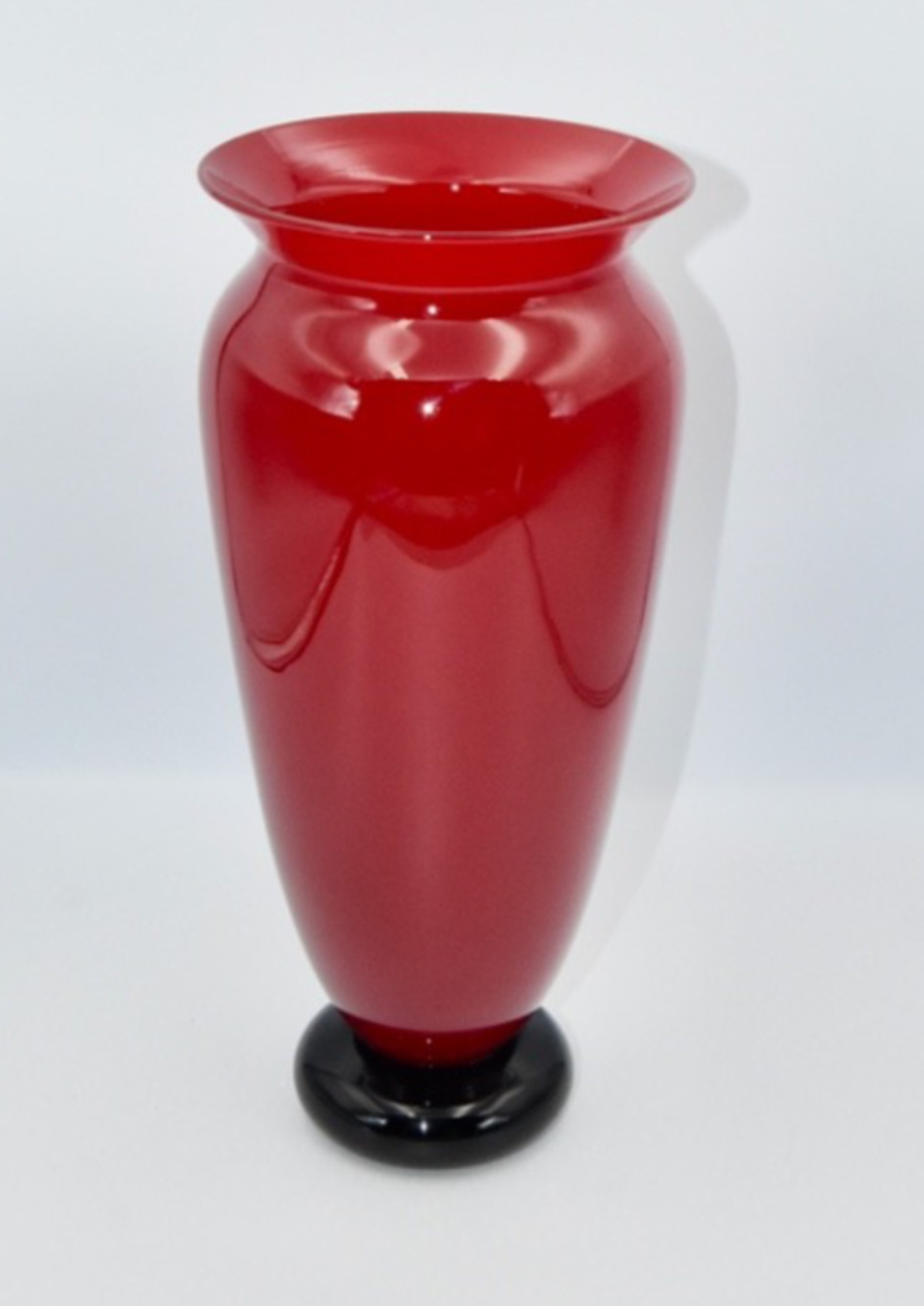 Donald Carlson Hand Blown Studio Art Glass Red & Black Footed Trumpet Vase